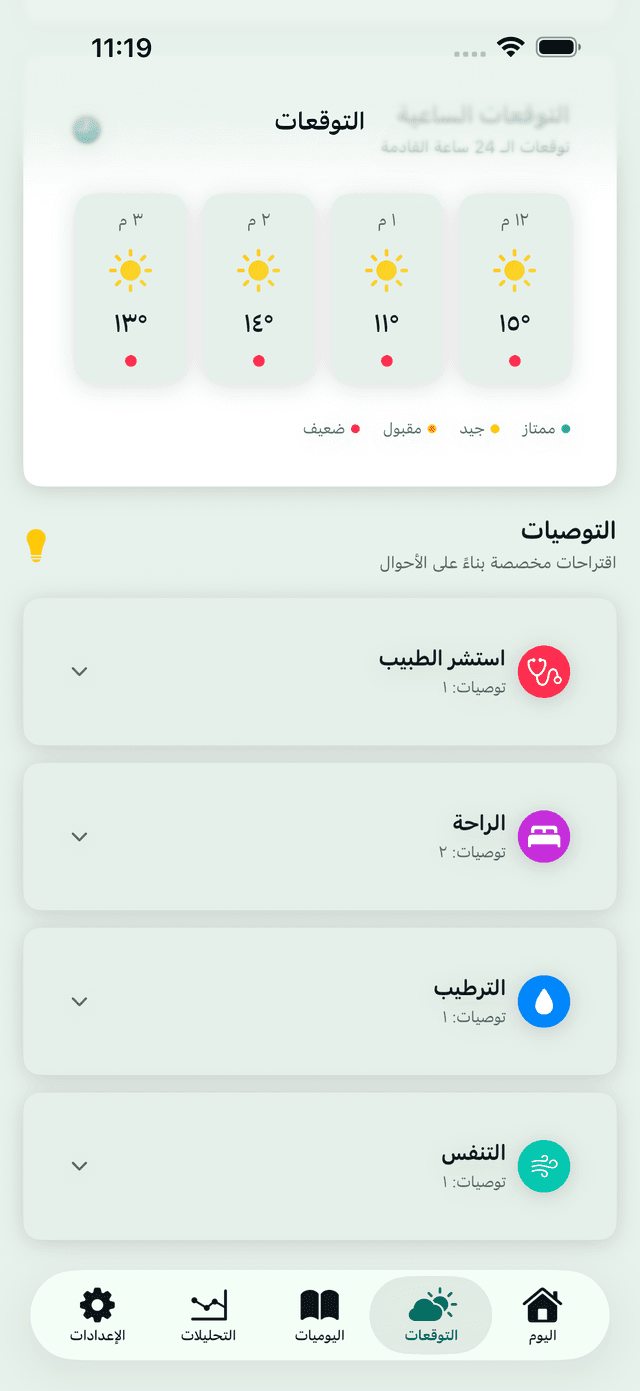 شاشة «التحليلات» في تطبيق MeteoHealth: مؤشر الحالة مع ملخصات المزاج والنوم والقلب والتغذية للفترة