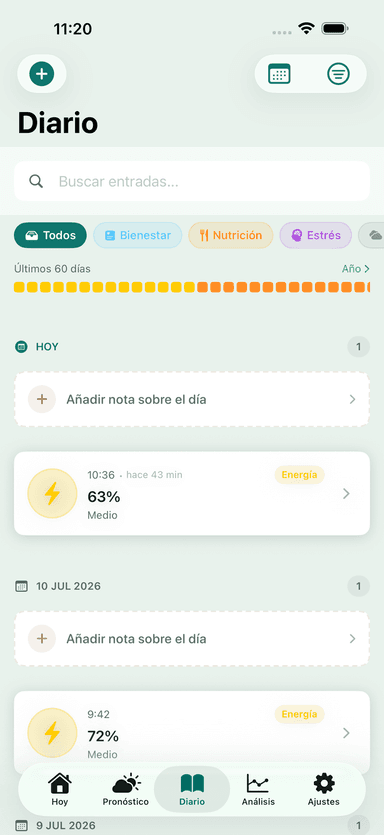 Pantalla Diario de la app MeteoHealth: registros de síntomas y ánimo con una vista Year-in-Pixels