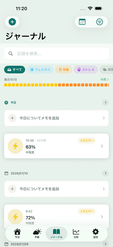 MeteoHealthアプリの「日記」画面：症状と気分の記録とYear-in-Pixelsの概観