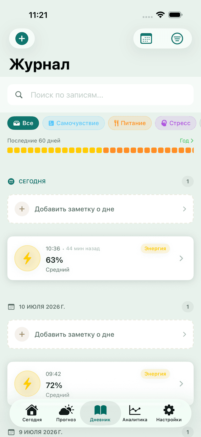 Экран «Дневник» приложения MeteoHealth: отметки симптомов и настроения с обзором Year-in-Pixels