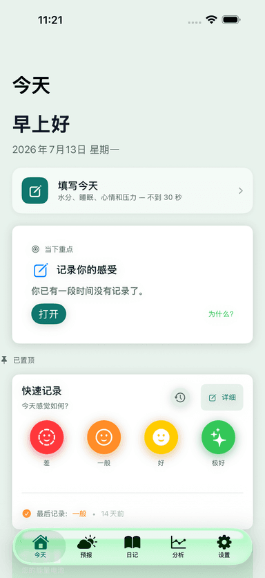 MeteoHealth 应用的“今天”屏幕：问候语，快速记录饮水、睡眠、心情和压力，以及带四档身体状态的 Quick Log 卡片