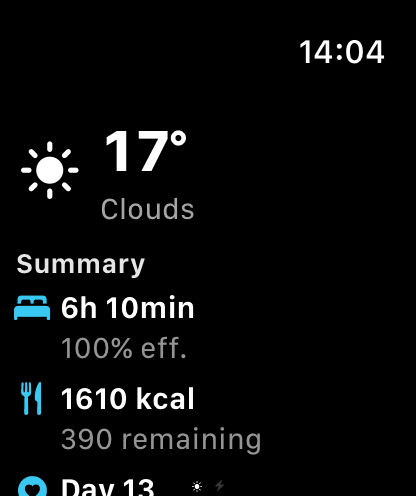 MeteoHealth on Apple Watch: current temperature and conditions with the day's wellbeing summary