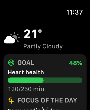 MeteoHealth on Apple Watch: current temperature, a heart-health goal ring and the focus of the day