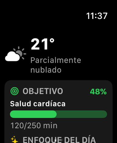 MeteoHealth en el Apple Watch: temperatura actual, anillo del objetivo de salud cardíaca y el foco del día