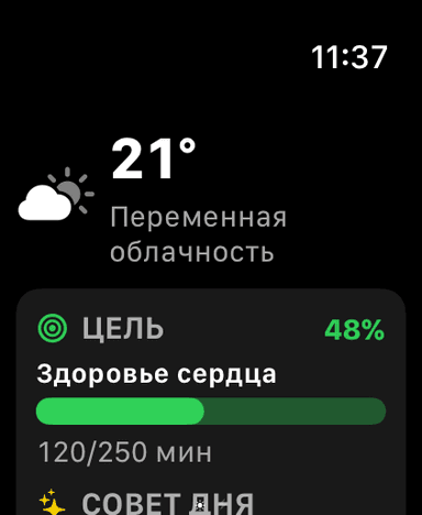 MeteoHealth на Apple Watch: текущая температура, кольцо цели «здоровье сердца» и фокус дня