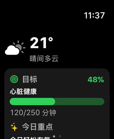 Apple Watch 上的 MeteoHealth：当前气温、心脏健康目标圆环和今日焦点