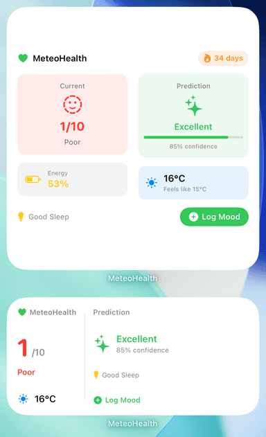 MeteoHealth widgets on the iOS home screen: daily summary with weather forecast and quick mood logging