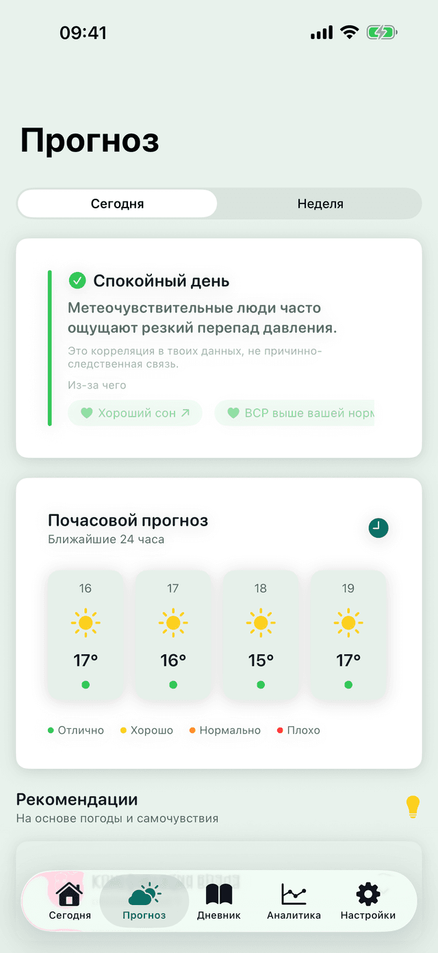 Вкладка «Прогноз» приложения MeteoHealth: вердикт по самочувствию на день, вклад погодных факторов и почасовой прогноз