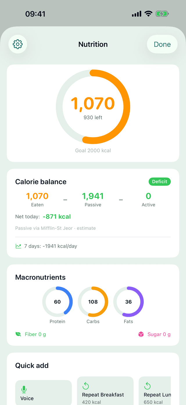 Nutrition screen of the MeteoHealth app: calories and macros for the day with quick meal logging