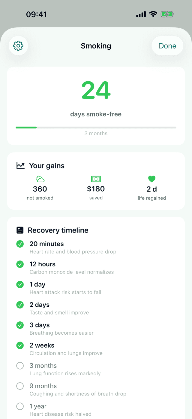 Quit-smoking screen of the MeteoHealth app: smoke-free streak and the body recovery timeline
