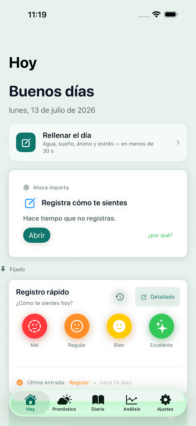 Pantalla Hoy de la app MeteoHealth: saludo, registro rápido de agua, sueño, ánimo y estrés, y una tarjeta Quick Log con cuatro niveles de bienestar