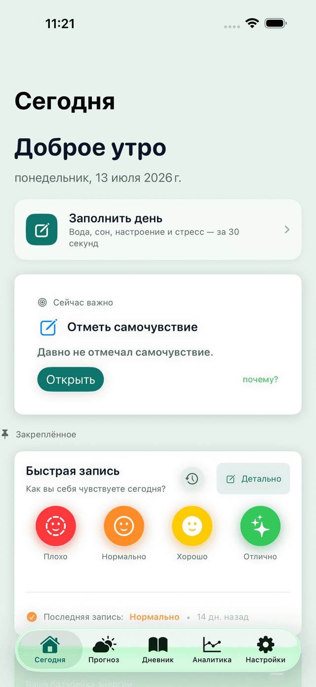 Экран «Сегодня» приложения MeteoHealth: приветствие, быстрый ввод воды, сна, настроения и стресса, карточка Quick Log с четырьмя уровнями самочувствия