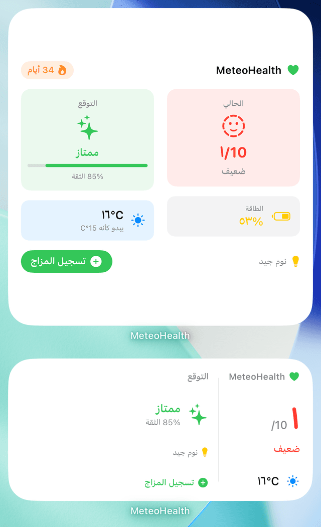 ودجات MeteoHealth على الشاشة الرئيسية في iOS: ملخص اليوم مع توقع الحالة وتسجيل سريع للمزاج