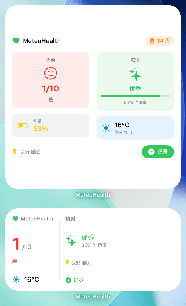 iOS 主屏幕上的 MeteoHealth 小组件:显示身体状态趋势的每日摘要和快速记录心情